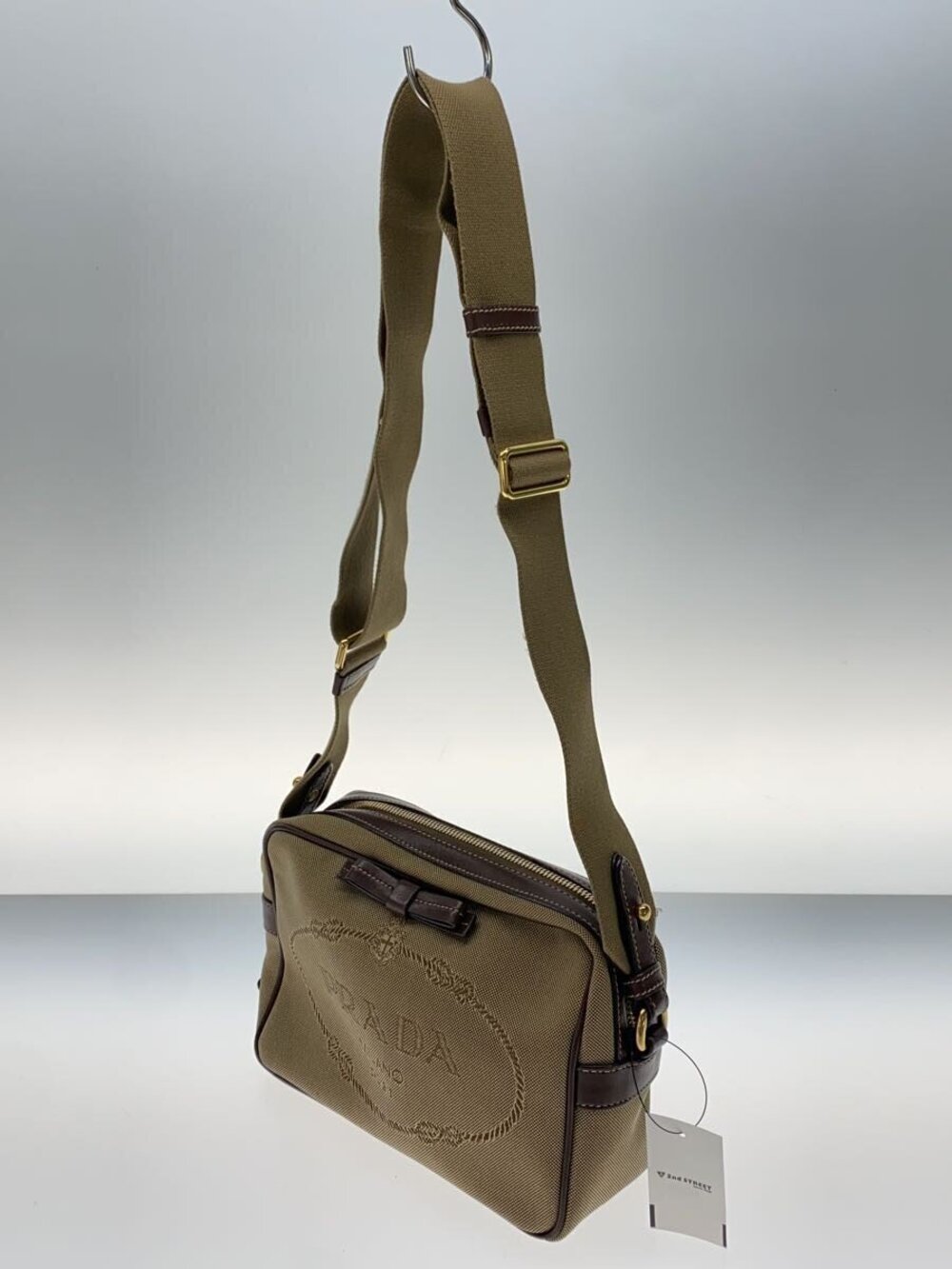 Prada Logo Jacquard beige Bag canvas brown Camera leather Tan Brown